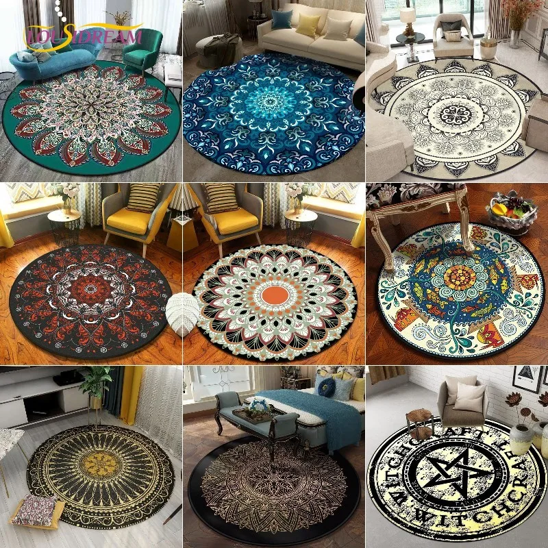 Ethnic Mandala Style Round Area Rug,Rug and Carpet for Living Room Bedroom Chair Sofa Foot Pad Decoration,Non-slip Floor Mats