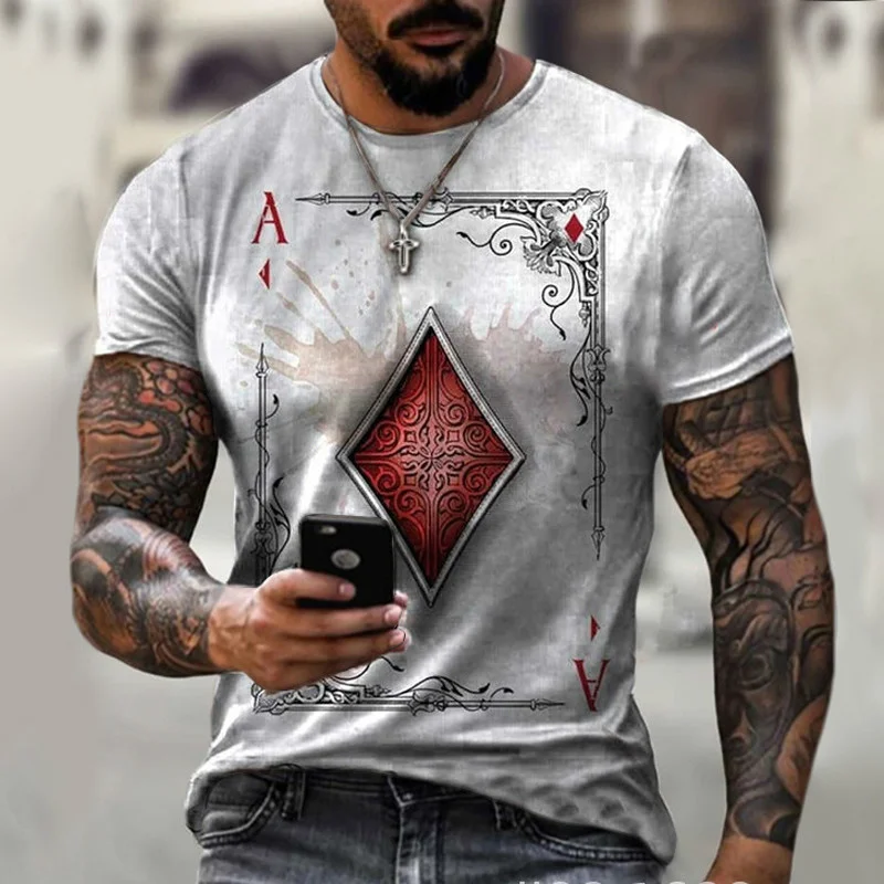 

Poker Checkered Game Pattern Printed T-Shirt Men's Summer Casual Pullover Shirt Short Sleeve Retro Loose Large Men Clothing 6xl