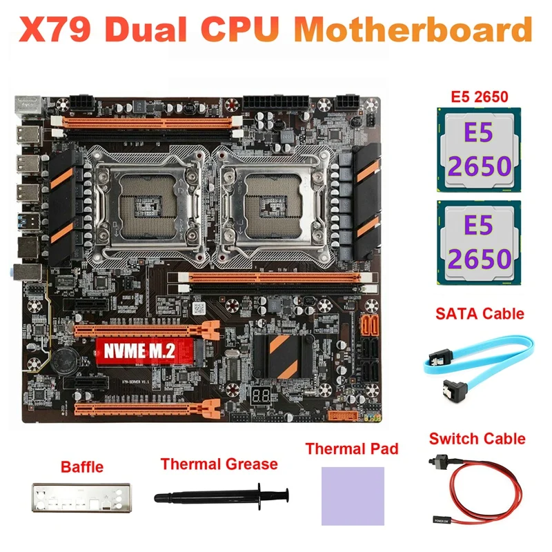 

Материнская плата LGA2011 + процессор 2XE5 2650 + кабель SATA + коммутационный кабель + перегородка + термопаста + термопрокладка