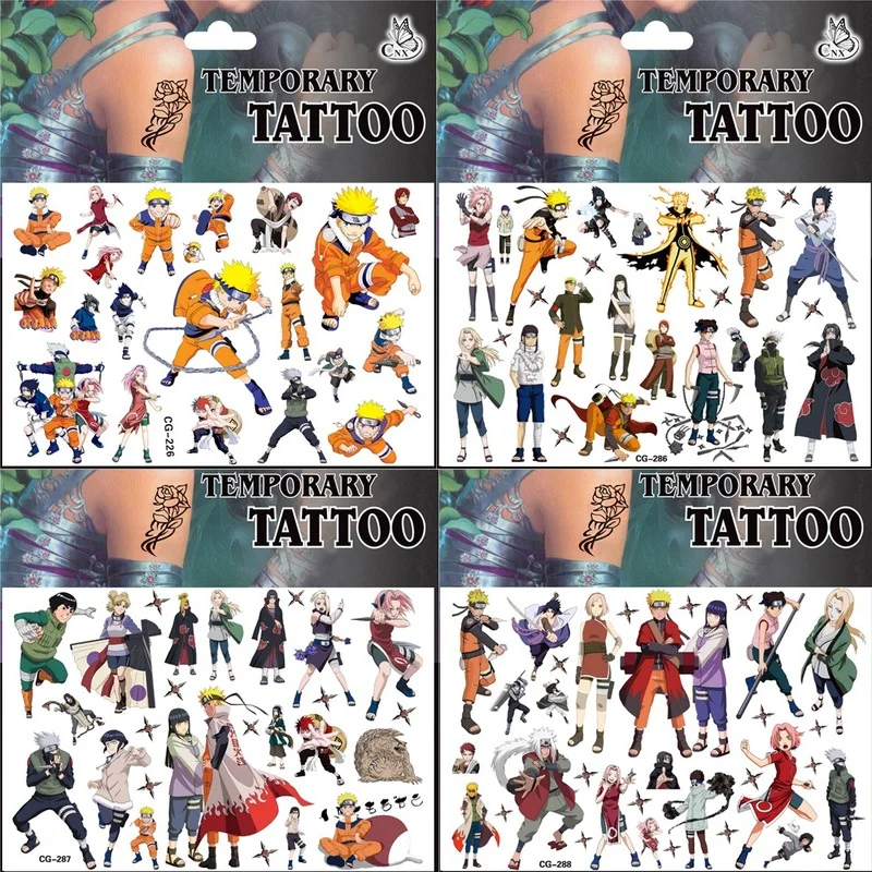 

4PCS Japan Anime Naruto Tattoo Stickers Uzumaki Sasuke Kakashi Sakura Chunye Waterproof Cartoon Decals Kids Toy Birthday Gift