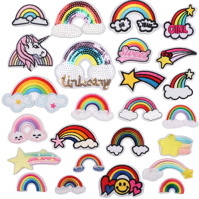 

25Pcs Cartoon Rainbow Cloud Sequins Iron on Embroidery Patch Cloth Sticker DIY Sew Clothes Hat Jeans skirt Applique Badge