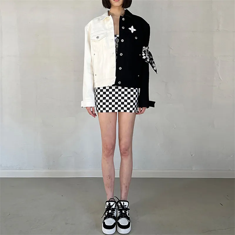 

Новинка весна-лето 2022, джинсовая куртка dawn богини, брошь в форме Креста в стиле барокко, короткая куртка контрастного черно-белого цвета