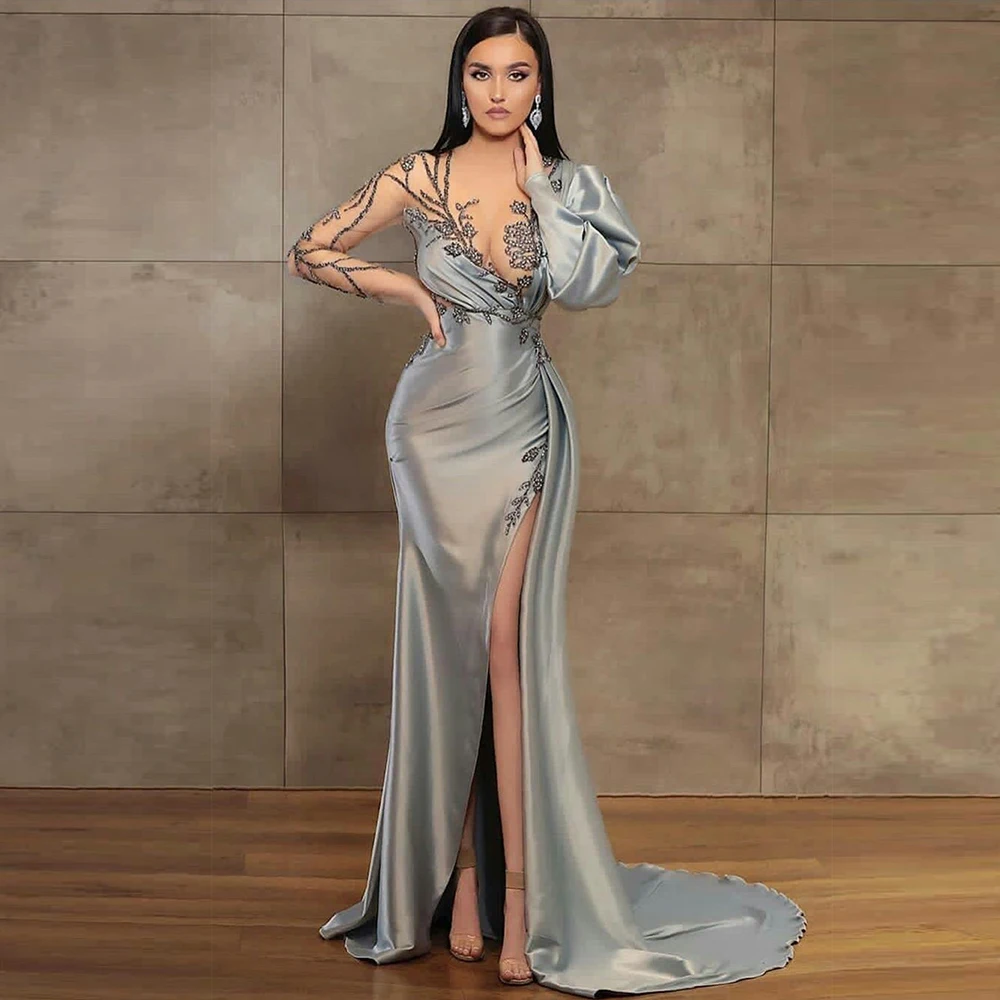 

Blue Robes De Cocktai 2023 Sexy Mermaid Split Prom Dress Fashion Lace Applique Bawt Sleeves Chiffon Zipper Up فساتين السهرة