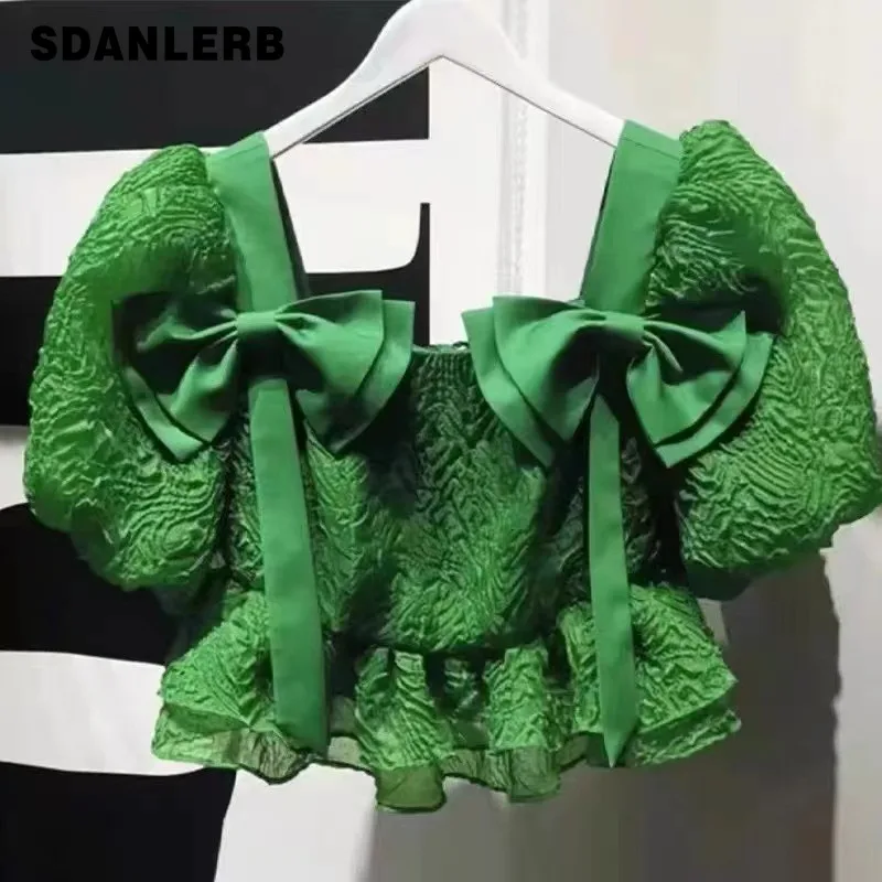 

2022 Summer New Solid Color Blouse Bow Loose Slimming Short Puff Sleeve Square Collar Short Top for Women All-Matching Shirt