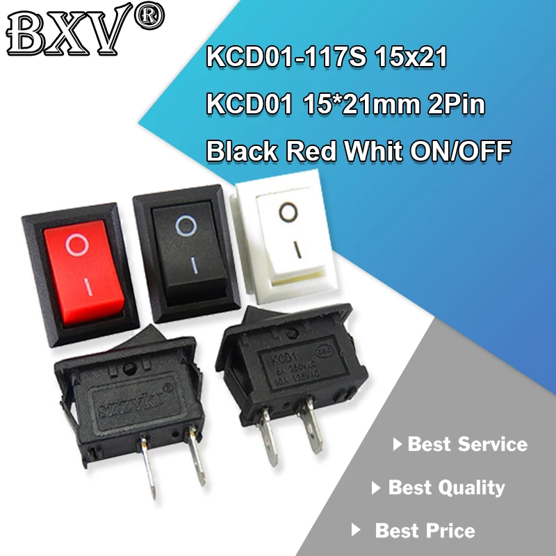 10 шт., планшетовый переключатель 15x21 KCD01 15*21 мм, 2 контакта, черный, красный, белый, ВКЛ./ВЫКЛ., SPST, AC 6A/250V 10A/125V