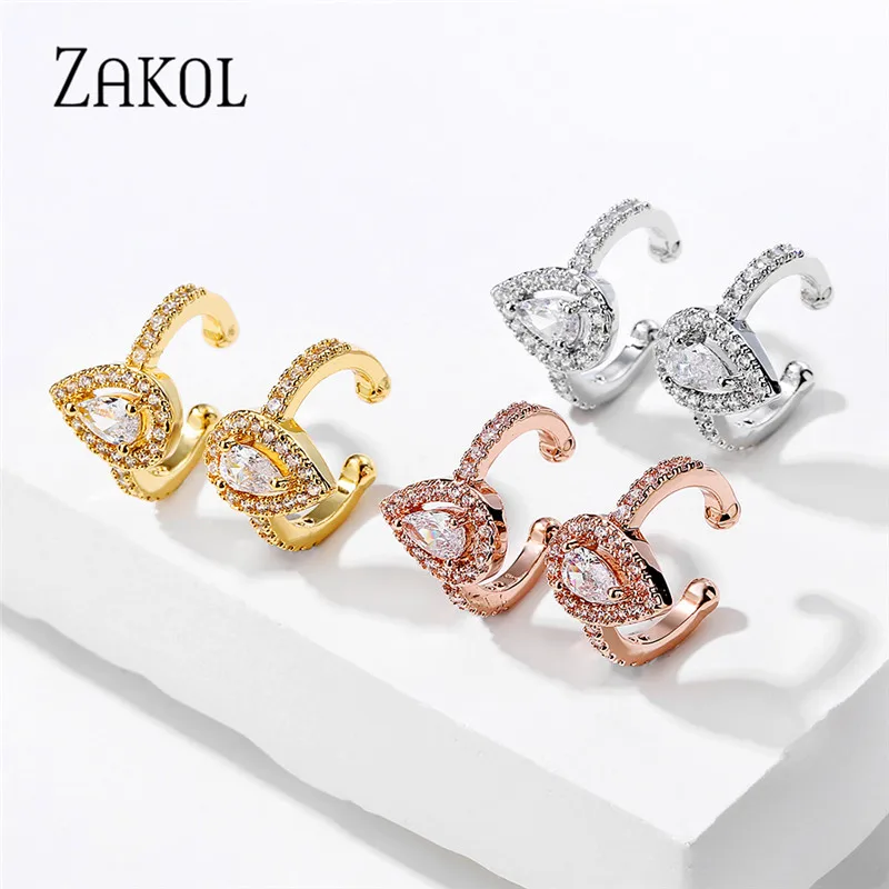 ZAKOL 1 шт. Белый Цвет капли воды кубического циркония уха кости клип серьги для