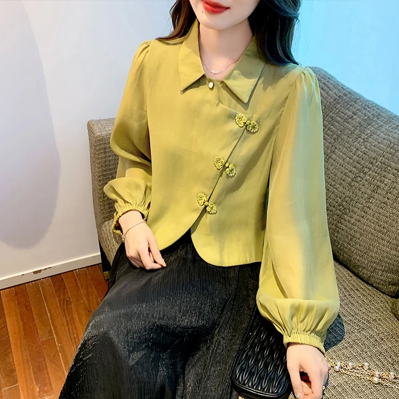 

Женская Облегающая рубашка в китайском стиле, однотонная блузка с длинным рукавом и отложным воротником, лето 2023