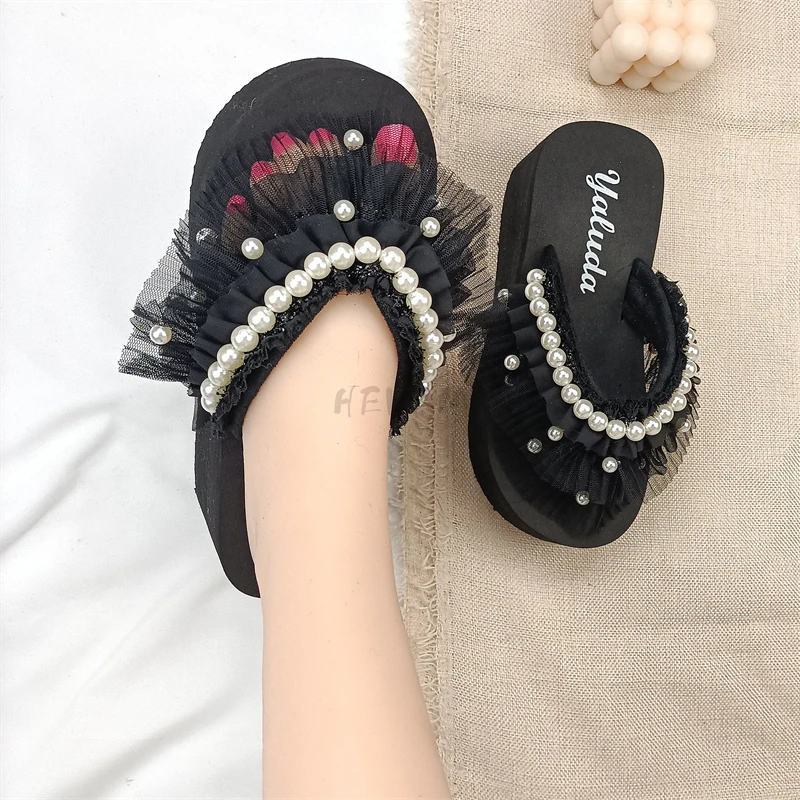 

2022 Summer Flip Flops Women shoes pearls slippers sapato feminino sandals Shoes Slippers Casual Beach Wedge Platform Sandals