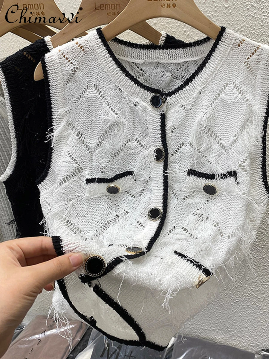 

Fashion Sleeveless Top for Women 2022 Summer New Contrast Color Retro Short Knitted Cardigan Vest Loose Hollow Vest All-match