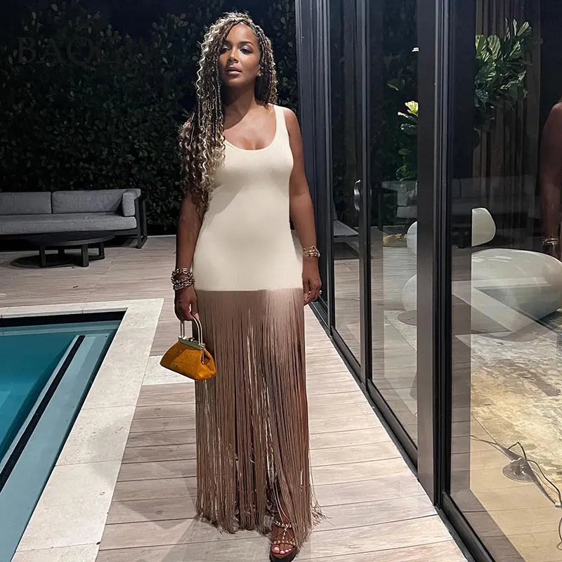 

Женское длинное платье без рукавов, элегантное облегающее платье-макси с длинными кисточками в стиле пэчворк, пляжная одежда для вечерние, ...