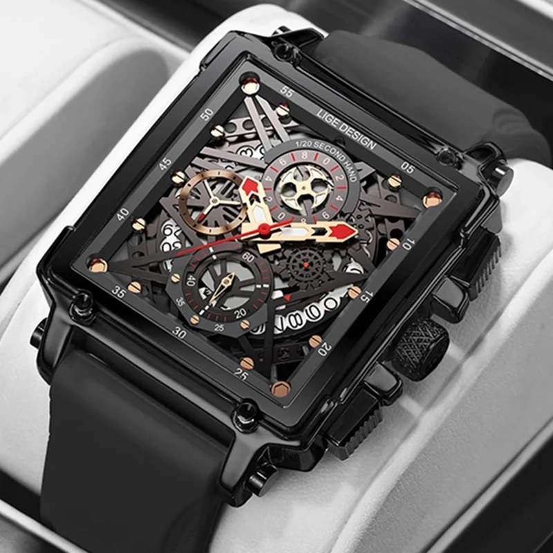 

LIGE 2022 New Mens Watches Top Brand Luxury Waterproof Quartz Square Watch For Men Date Sport Hollow Clock Male+Box Reloj Hombre