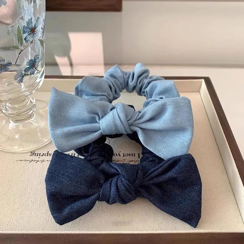 

French Vintage Denim Bow Hair Hoophair Ties Femal 2023 New Simple Versatile Elasticband Headwear Women Hair Accessoires