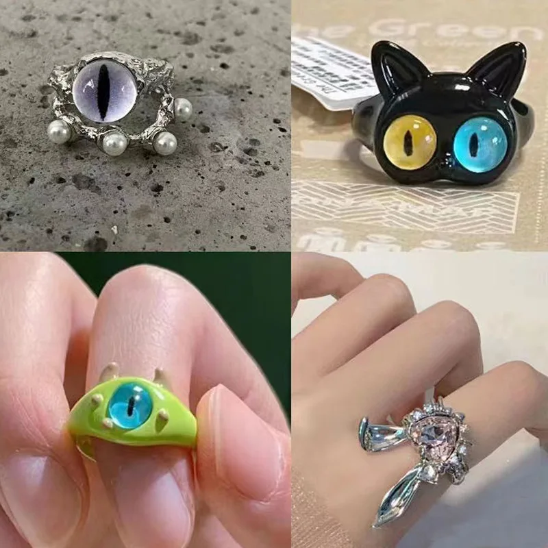 

Funny Combination Black Cat Little Monster Ring Big Eyed Cartoon Cute Adjustable Ring