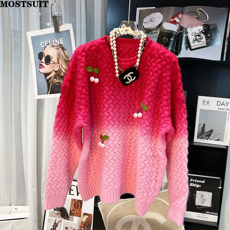 

Gradient Color Stylish Sweater Women Chic Loose Fashion Pullover Tops 2023 Spring New Long Sleeve O-neck Ladies Jumpers Sweaters