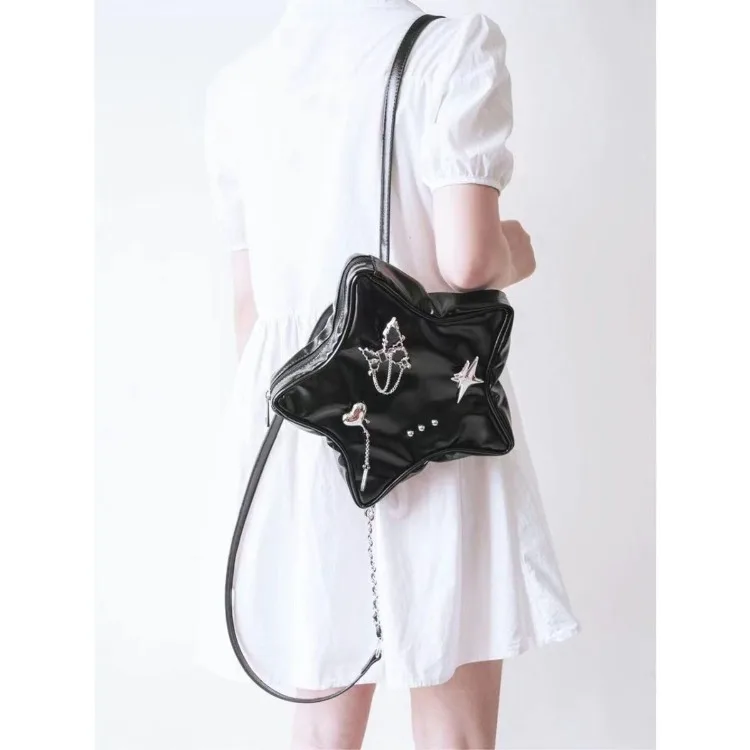 

Japanese Sweet Metal Butterfly Heart Backpacks Y2k Vintage Pu Black Bags for Women 2023 Trend New Chains Zipper Bookbags