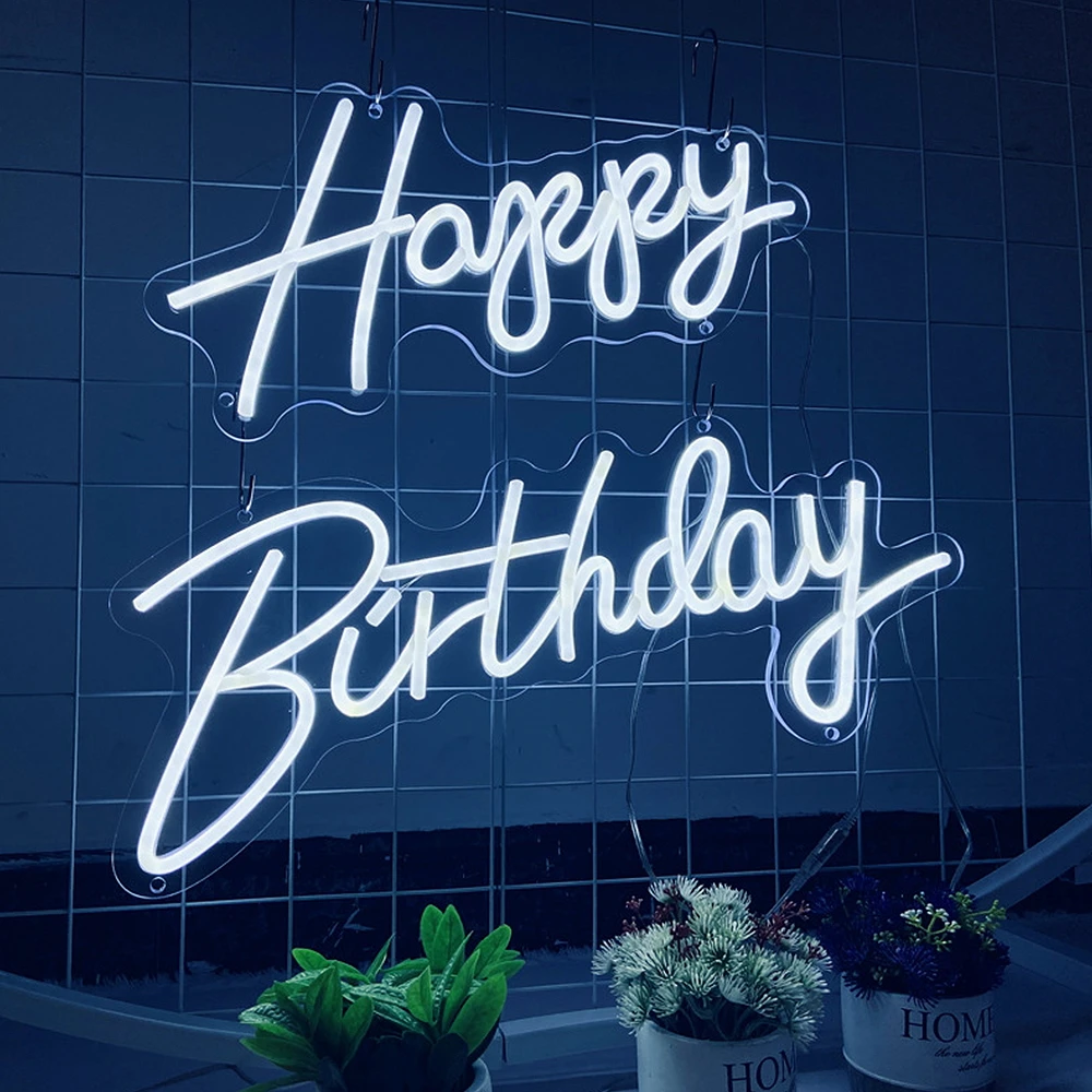 Светодиодная неоновая вывеска &quotHappy Birthday" тёплый белый свет