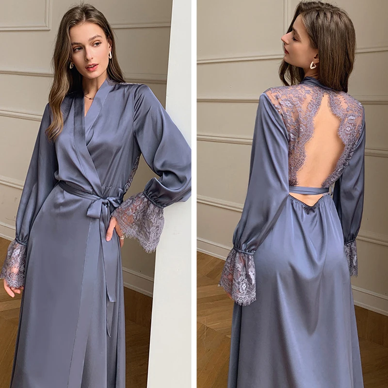 Sexy Women's Pajama Gown Satin Ice Silk French Elegant Transparent Backless Home Clothes Nightwear Lace Stitching Robe Dresses