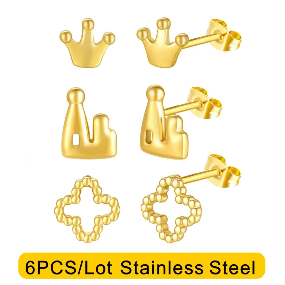 

6pcs/lot 316 Stainless Steel Mini Cartilage Piercing Stud Earring For Women Crown 18k gold Earrings Pendientes acero inoxidable