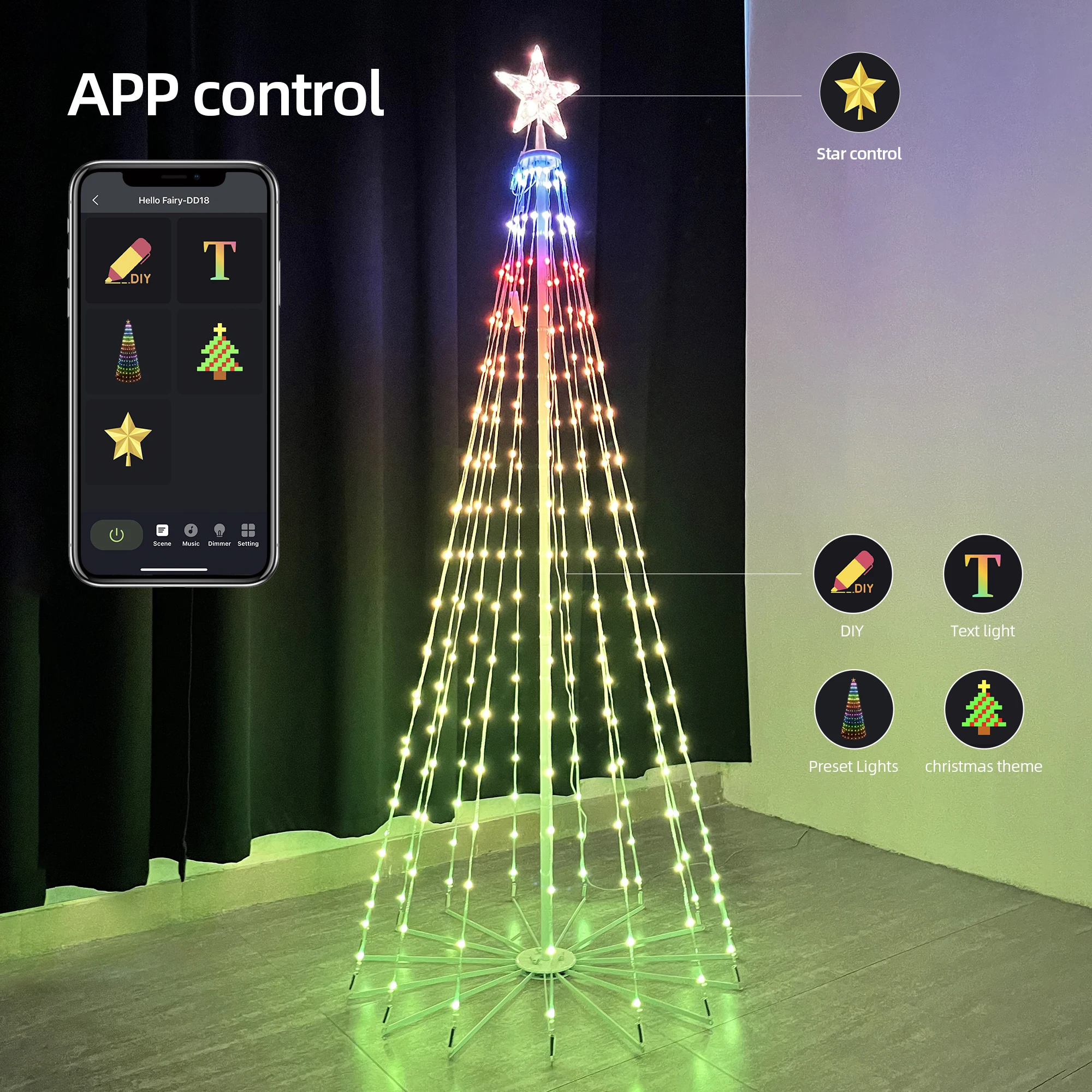 

Рождественские огни, Рождественская елка APP Smart Control Rgb праздничное освещение, лучшие Звездные огни 5v Ce Rohs 1,5 m 1,8 m конусное дерево