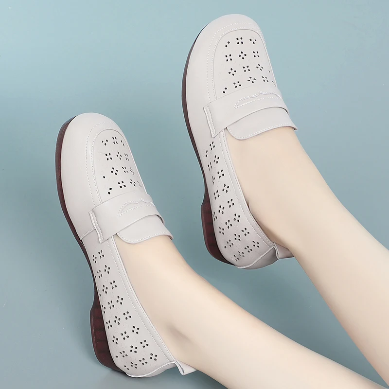 DIMANYU Openwork Shoes Women Genuine Leather 2023 New Women's Summer Shoes Hole Large Size 41 42 43 Mom Shoes