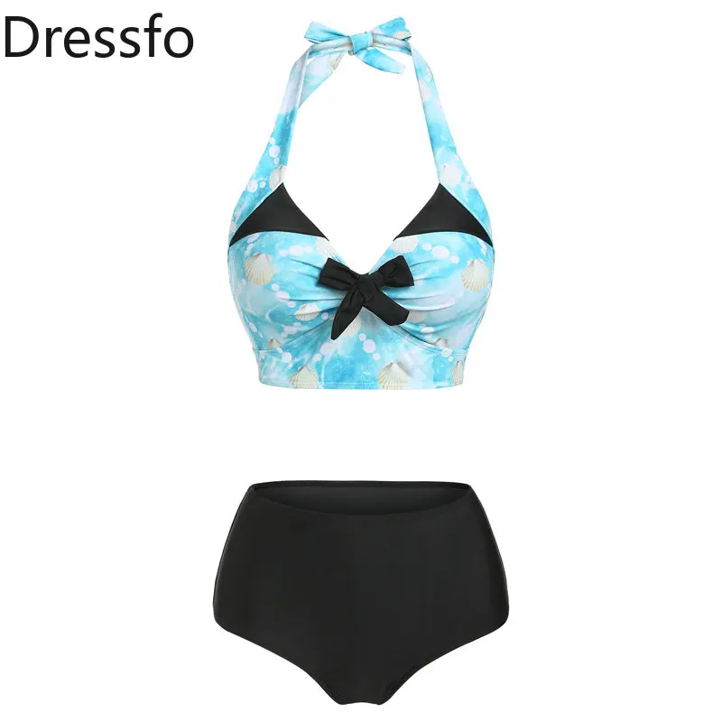 

Dressfo Shell Print Halter Swimsuit High Waist Rise Beach Suit Two Piece Set Bandeau Push Up Bikinis Set Swimwear 2023 Women