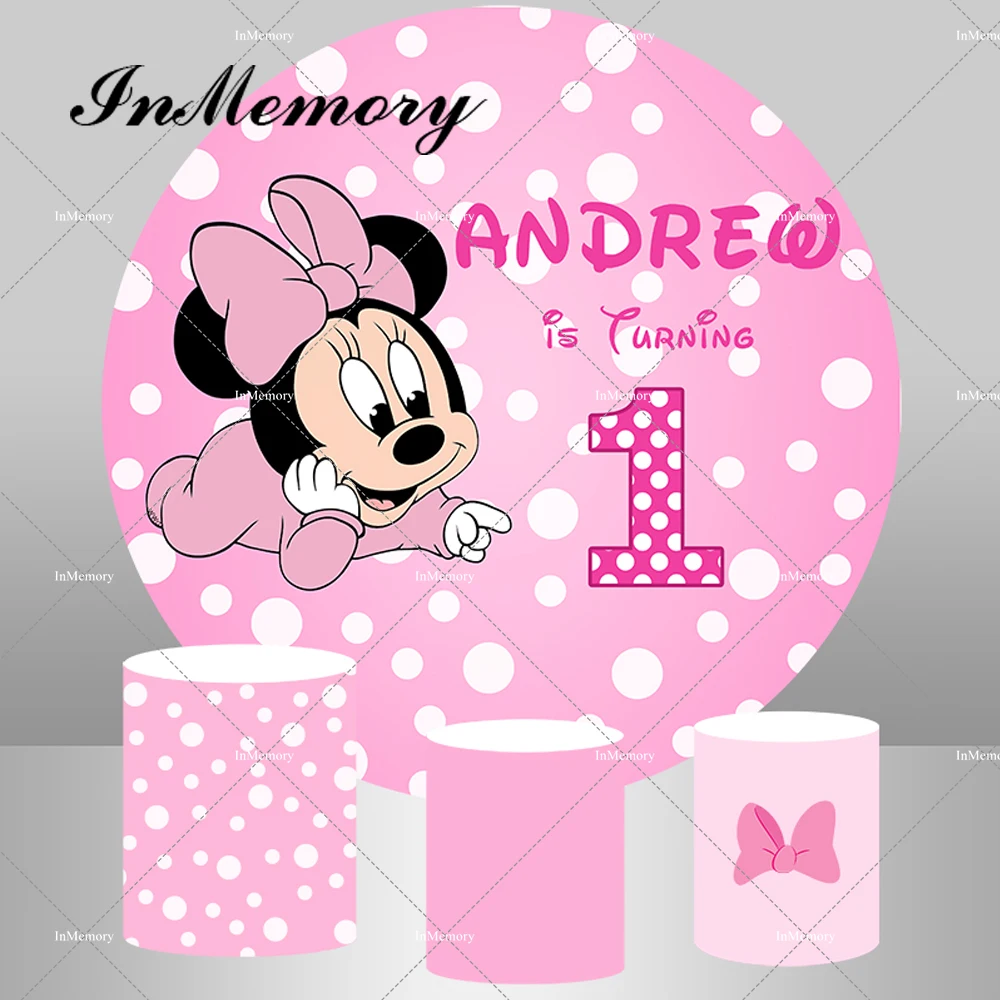

Cute Minnie Baby Shower Birthday Party Round Backdrop For Girls Pink Theme White Polka Dots Cartoon Backgrounds Pedestal Covers