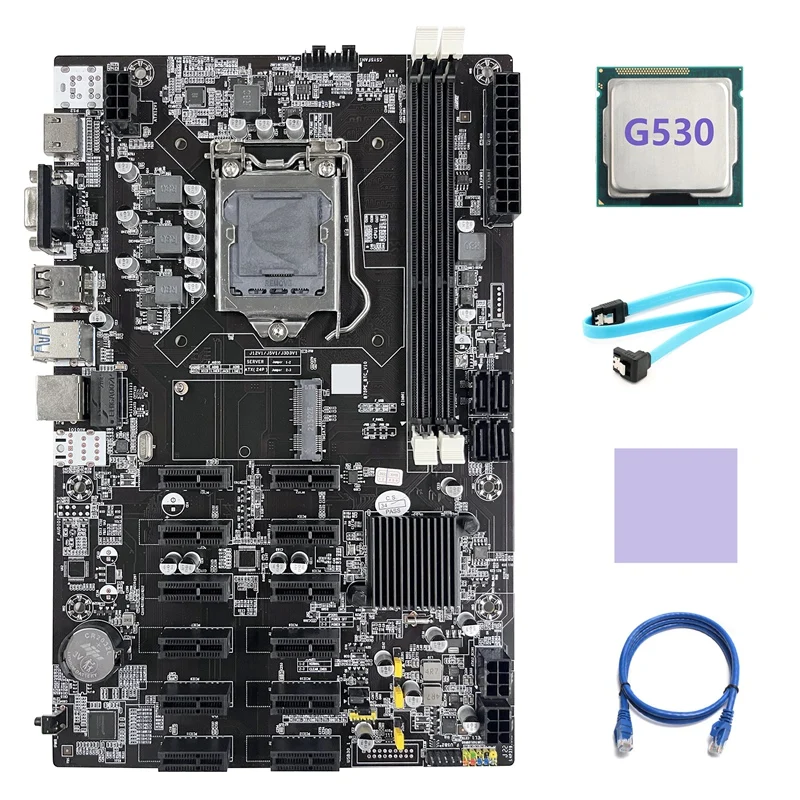 

B75 12 PCIE ETH Mining Motherboard LGA1155 Motherboard+G530 CPU+SATA Cable+RJ45 Network Cable+Thermal Pad