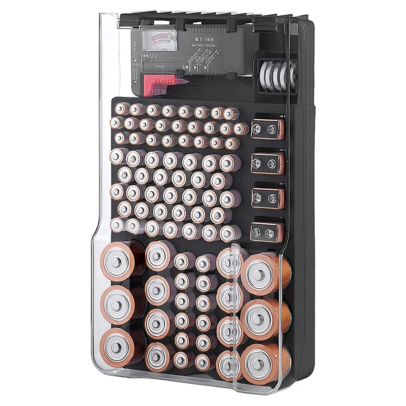 

RISE-The Battery Storage Case,Organizer With Hinged Clear Cover, With Battery Tester, Holds 93 Batteries Various Sizes