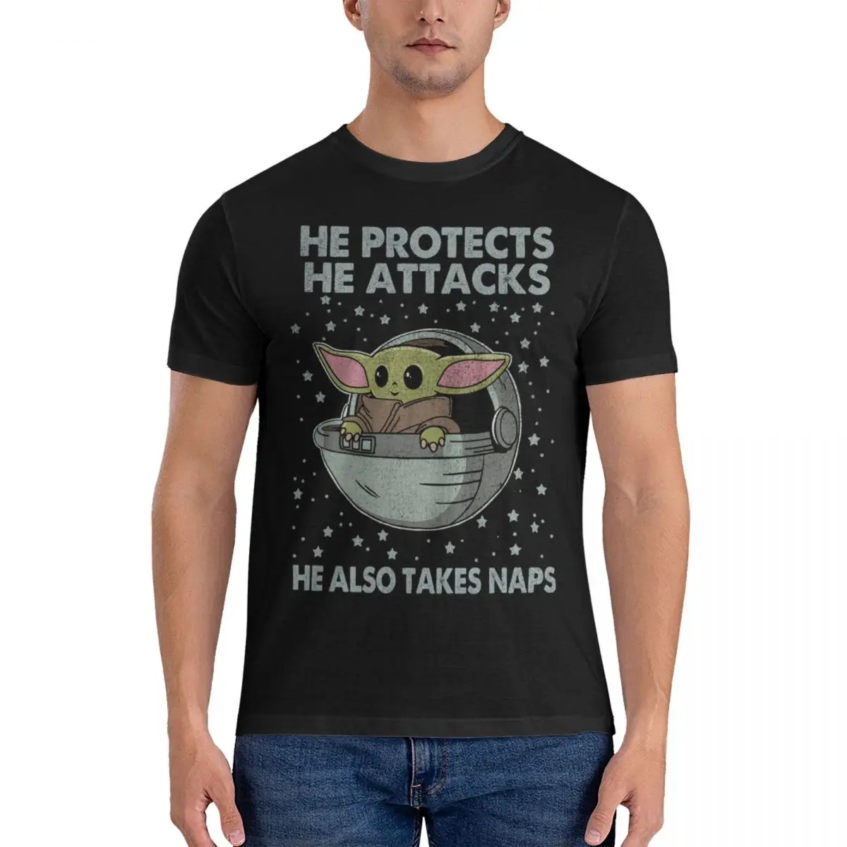 

Футболки Disney He Attack из «Звездных войн», Мужская футболка Grogu Baby Yoda из чистого хлопка с круглым вырезом, Одежда большого размера
