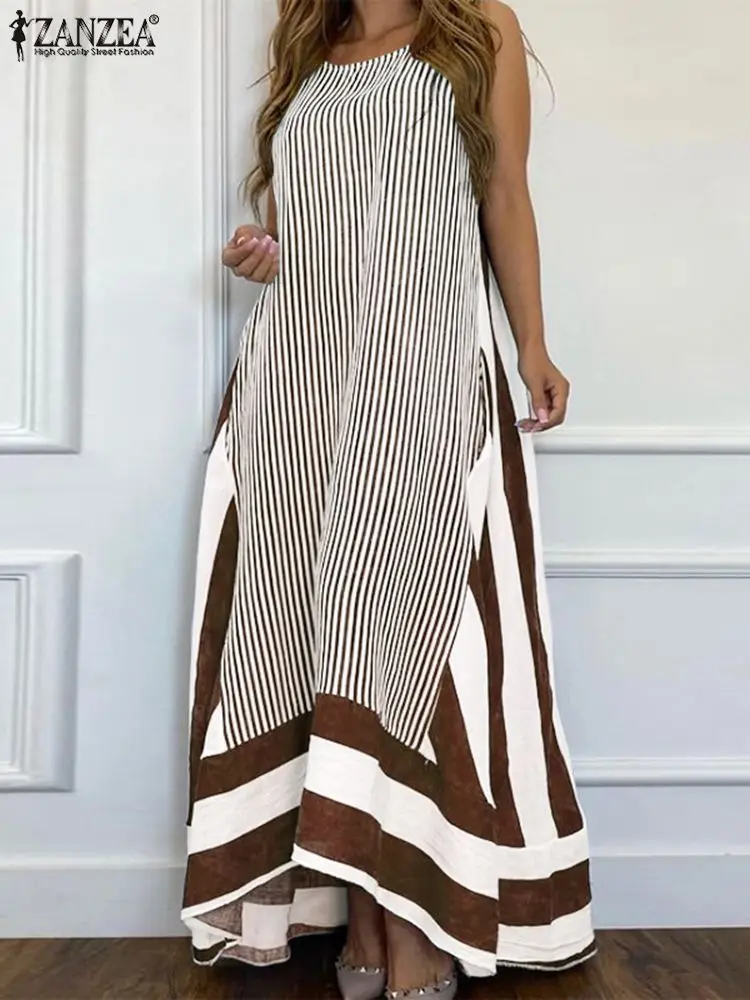 

Женское пляжное платье-макси без рукавов, элегантное платье составного кроя в богемном стиле, праздничное платье ZANZEA с принтом в полоску, ле...