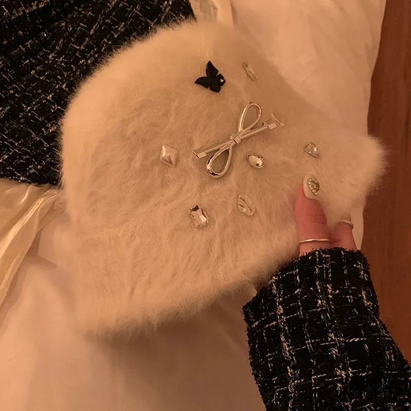 

2023 Y2K Rhinestone Bow Ribbit Fur Bucket Hat Korea Japan Plush Warm Winter Hat Lady Fashion Bob Hat Retro Fluffy Female Panama