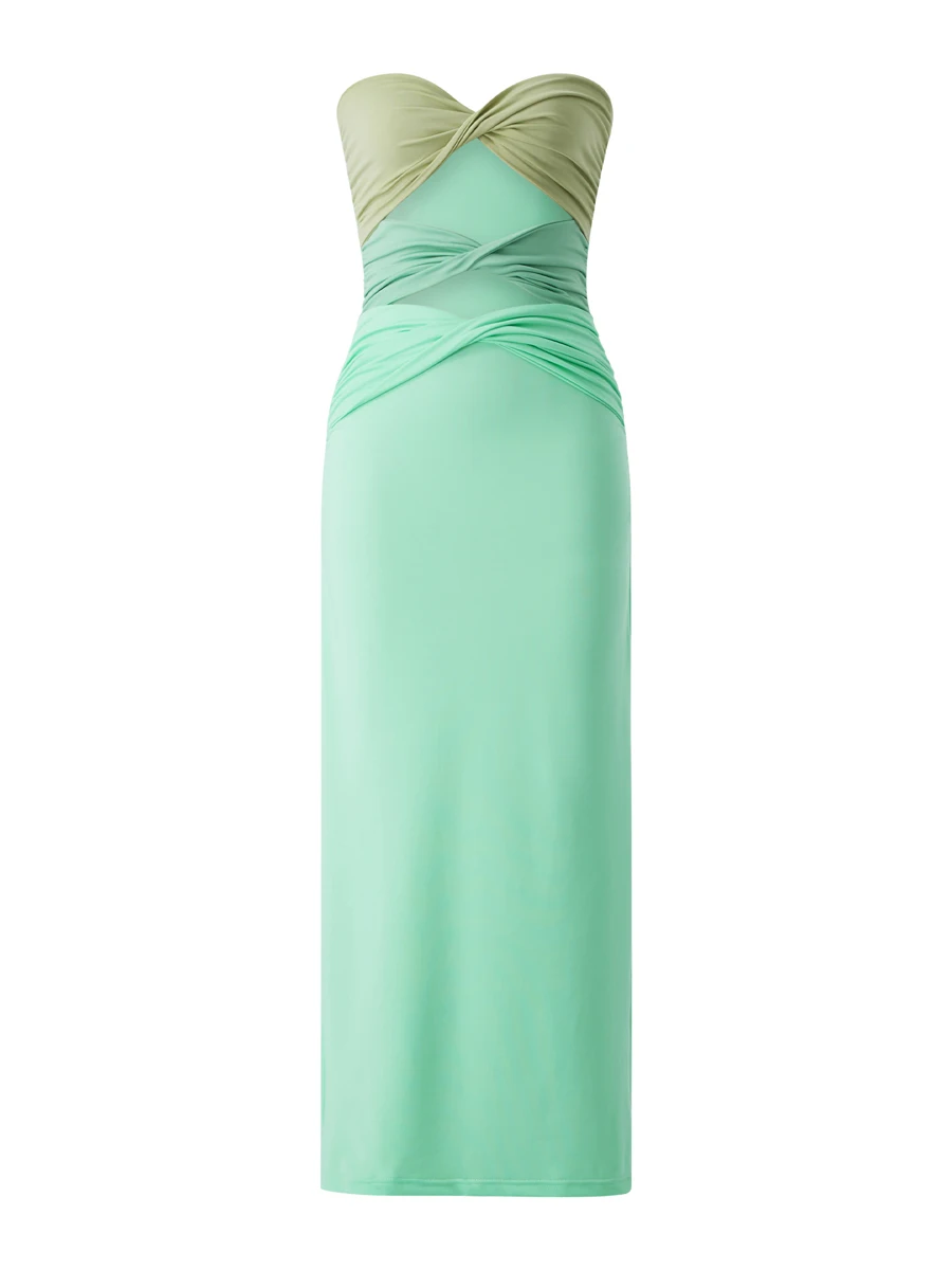 

Women Strapless Summer Dress Contrast Color Twist Cutout Front Slim Fit Dress Beachwear Party Gown