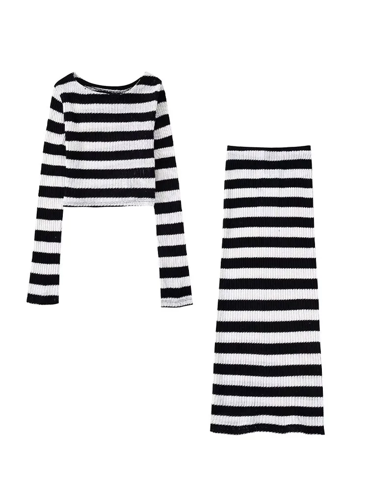 

Женский трикотажный короткий топ в полоску, Милый Винтажный пуловер с круглым вырезом и длинным рукавом, шикарные топы, осень 2022