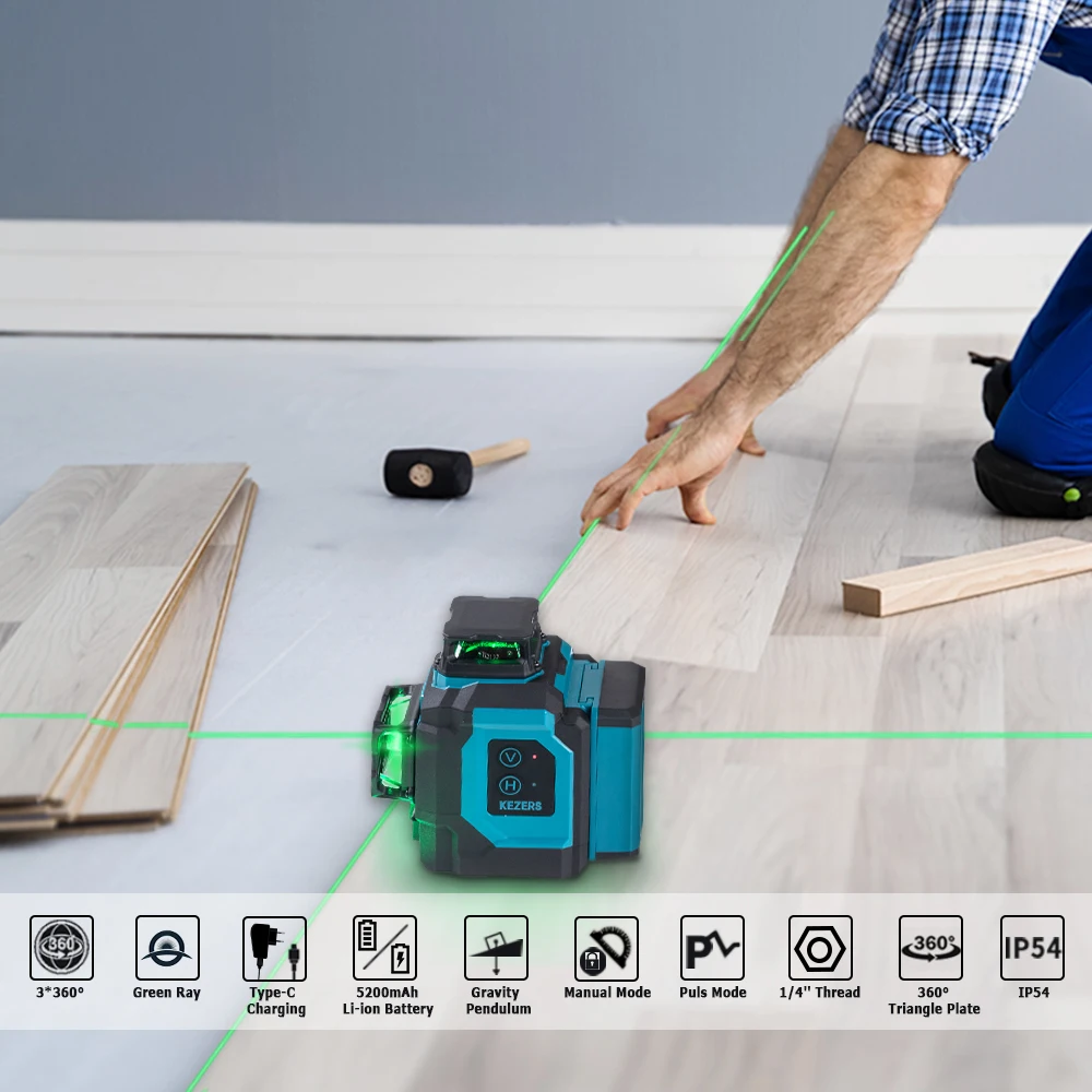 KEZERS Зеленый лазерный уровень 12 линий 3D диоды OSRAM 360 горизонтальный и вертикальный