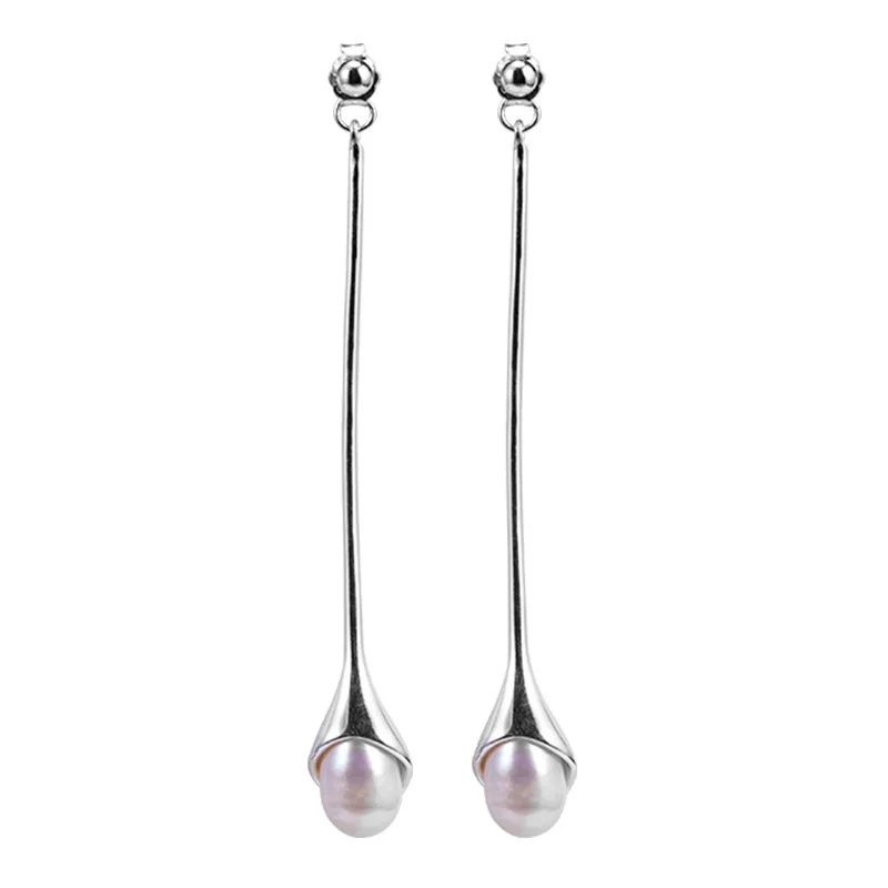 Simple 925 Sterling Silver Natural Pearl Hanging Earrings Wholesale Women Ethnic Long Piercing Earrings Wedding Jewelry EH085