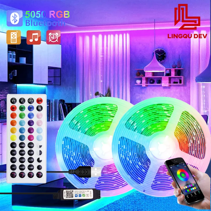 

RGB Светодиодная лента, 10 м, 15 м, 20 м, 30 м, для украшения комнаты, цветная светодиодная лента 5050 с Bluetooth-управлением и подсветкой телевизора, осве...