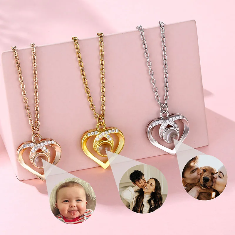 Customized Photo Projection Zircon Heart Pendant Necklace For Lover Jewelry Memory Gift Custom Picture Necklaces