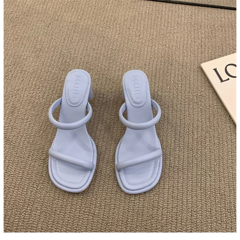 

2023women's summer one word with square heels high heels lazy people square toe open-toe outside wearing beach half drag sandals