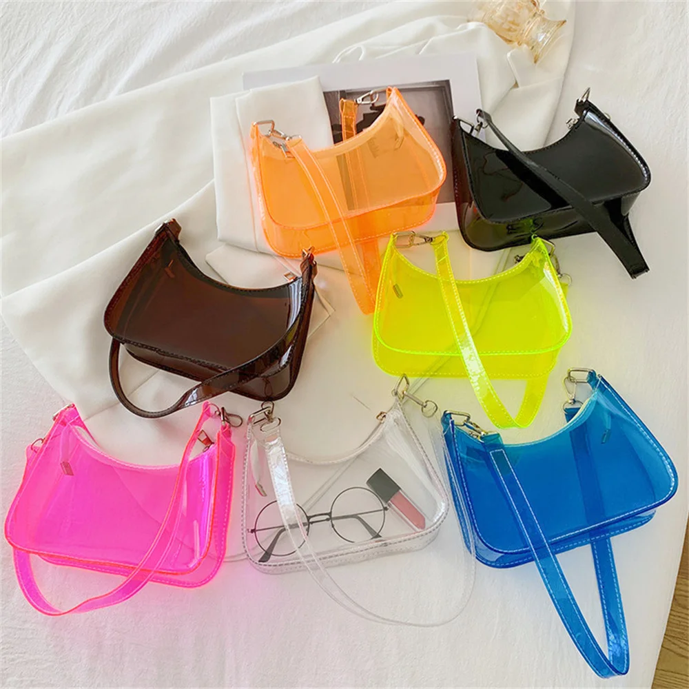Fashion Vintage Ladies Jelly Candy Color Clear Underarm Bag Casual Women Hobos Handbags Purse Fashion Cell Phone Shoulder Bag