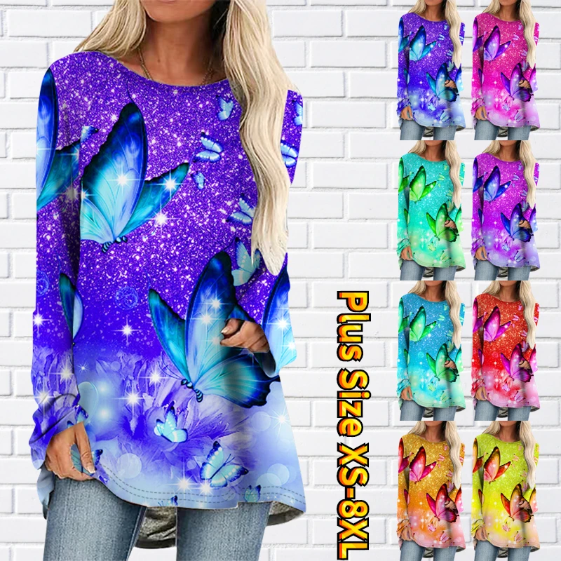 

Butterfly Print Loose Leggings Women Crewneck All Match Long-sleeved Top Vintage Style XS-8XL
