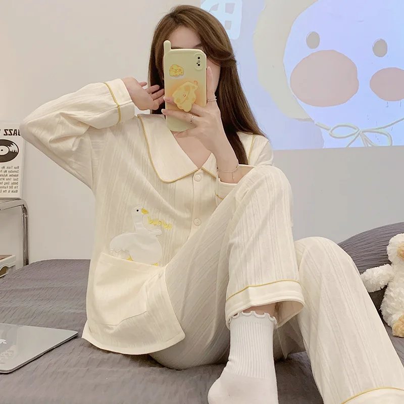 Pijama Mujer Doll Collar Sweet Pajamas Women Spring Autumn Cotton Long Sleeve Sleepwear Korean Loose Outwear Household Set