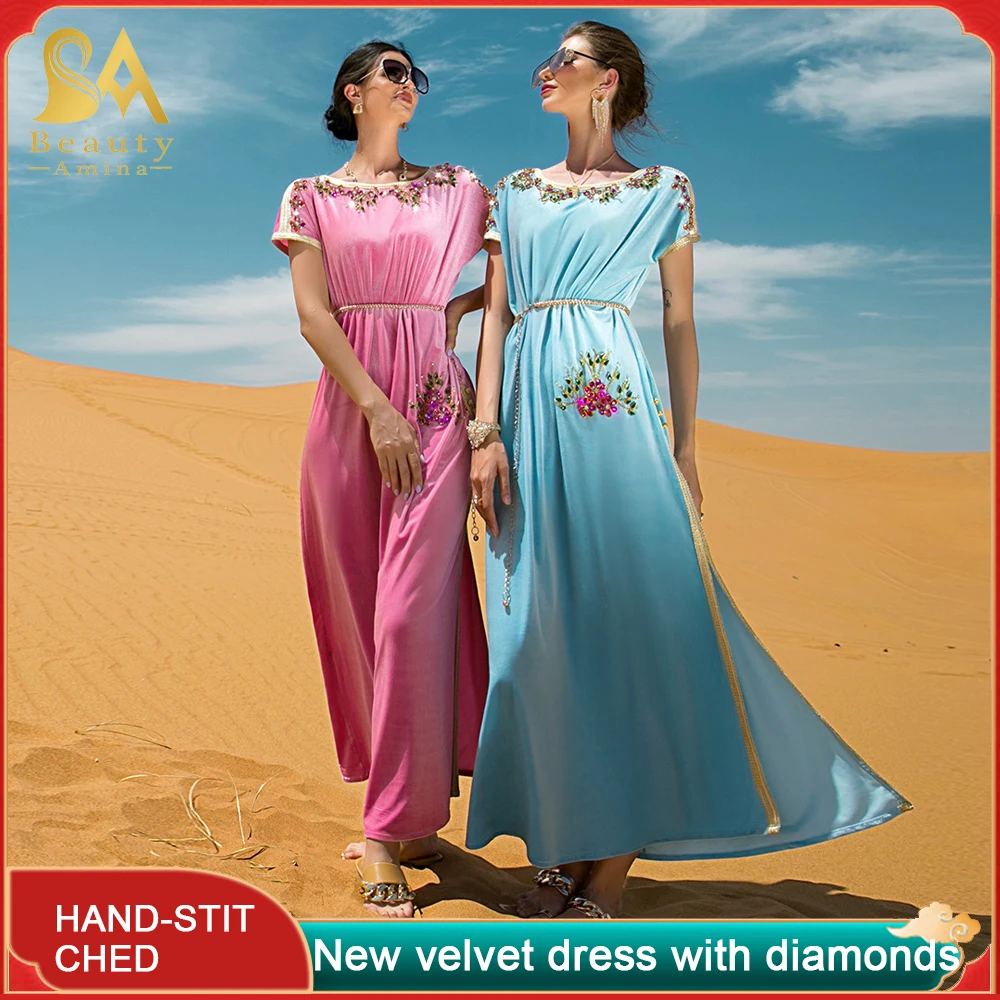 Pink Velvet Hand Sewn Diamond Dress Travel New Long Dress Muslim Robe Abaya Islamic Robe Party FashionDress Party Festive Dress
