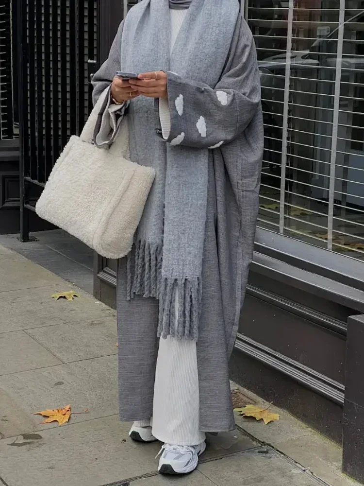 Ид Облако Вышивка Льняное Открытое Кимоно Абая Дубай Роскошный Кардиган