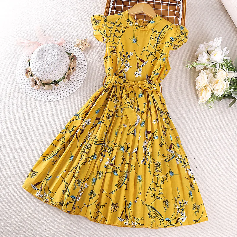 

2023 Summer Arrival Girls Sleeveless Ruffles Print Floral Yellow Roupa Infantil Menina Cute Cheongsam Dress Custume 18M-7T