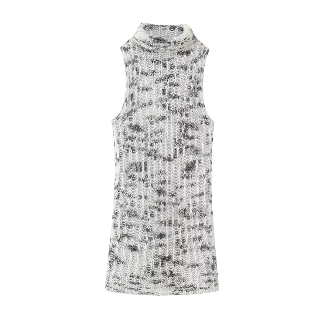 

Women 2023 New Fashion Patchwork striped Elastic slim Knitted Vest Vintage High Neck Sleeveless Female Waistcoat Chic Tops