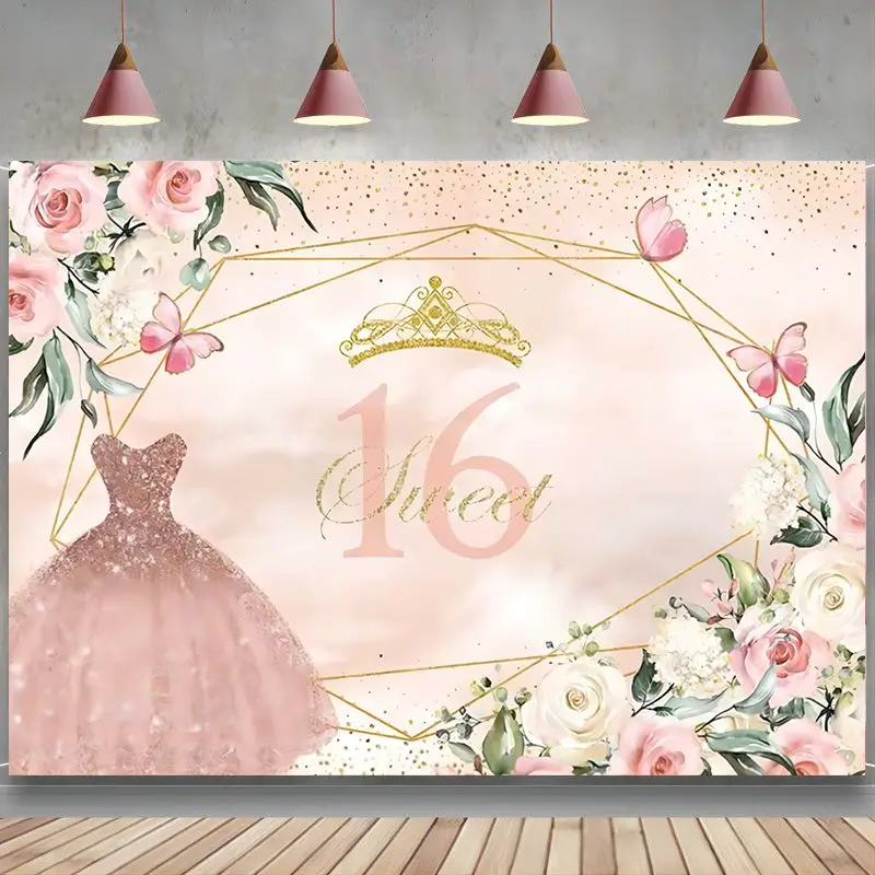 

Фон для фотосъемки с изображением милого 16 дней рождения розового платья и цветов Золотая Корона блестящие точки баннер украшение для вече...