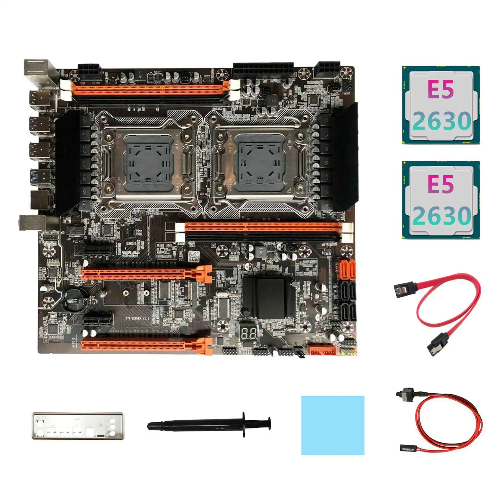 

X79 Dual CPU Motherboard+2XE5 2630 CPU+SATA Cable+Switch Cable+Baffle+Thermal Grease+Thermal Pad LGA2011 M.2 NVME X79