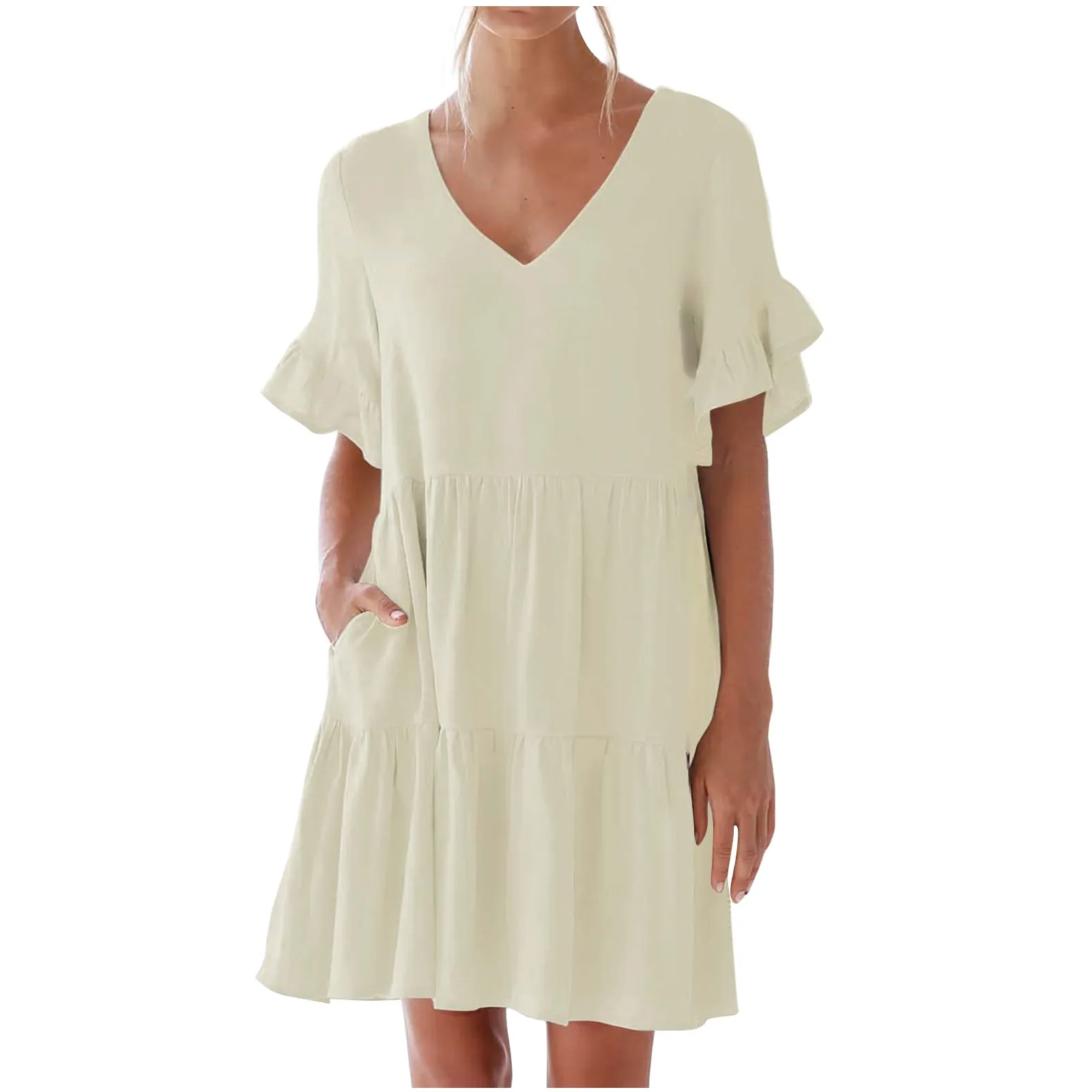 

Women Elastic Waist A-line Swing Mini Dresses With Pocket Casual Short Sleeve Down Dress Summer Dresses For Women 2022 Vestidos