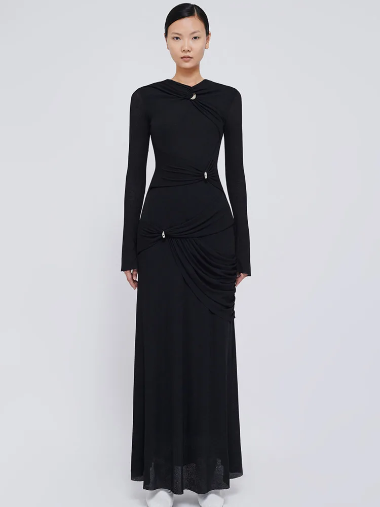 QMQA модное женское вечернее платье с круглым вырезом и длинными рукавами дизайн