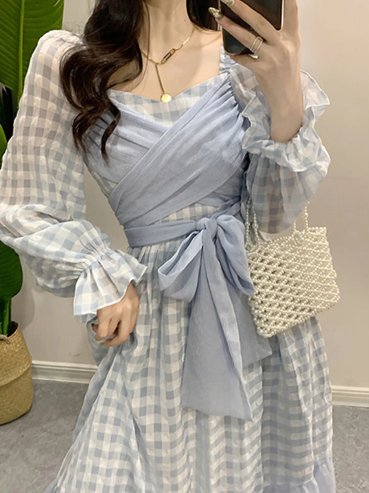 

French Literary Girl Plaid Dress Vintage Square Neck Puff Sleeves Ruffles Bandage Princess Dress Gentle Woman Mesh Fairy Dress